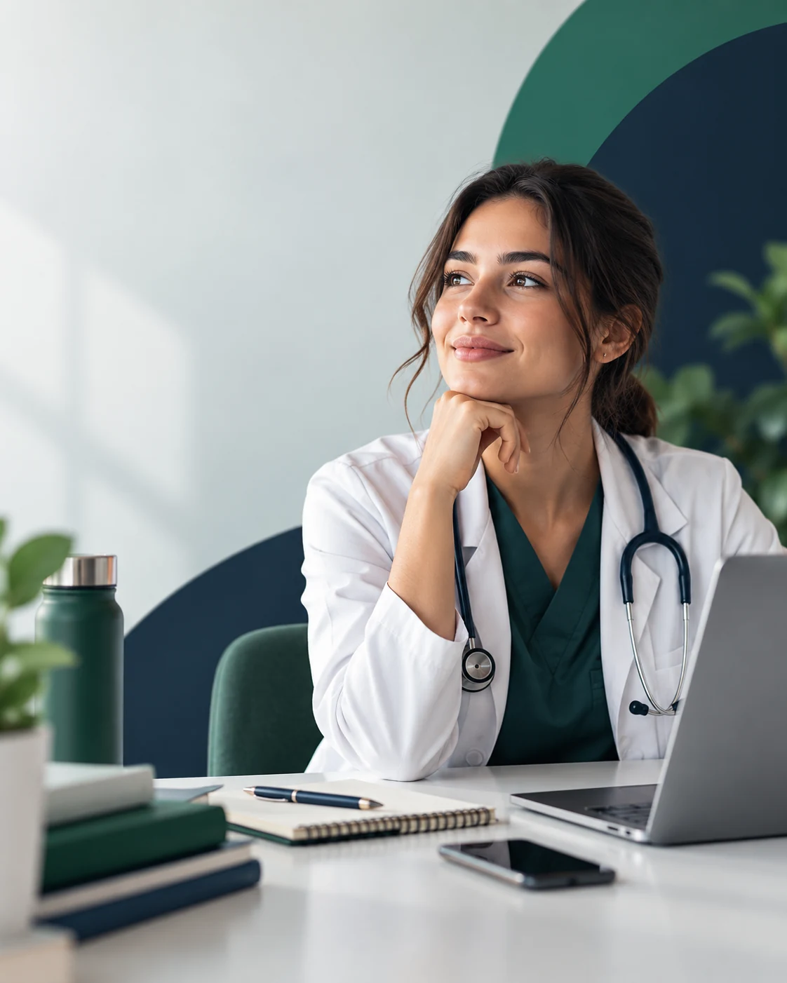 Jovem médica em um ambiente moderno de trabalho, com laptop e materiais profissionais